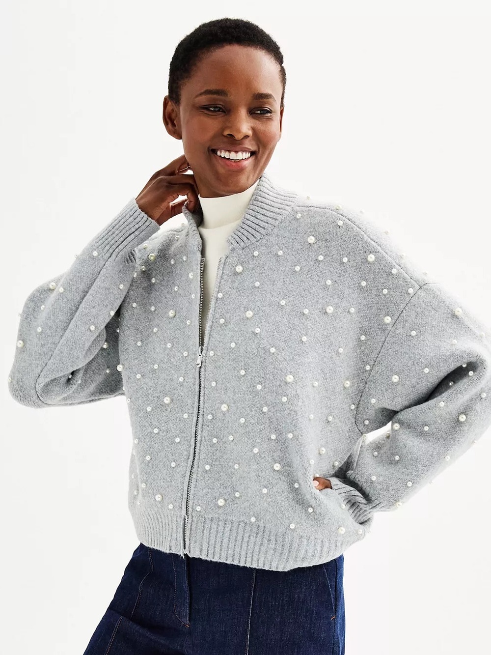 Women's Nine West Zip-Front Pearl Knit Bomber Sweater
